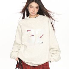 批发美式复古数字贴布绣圆领球服卫衣男女宽松<b class='q'>百搭</b>高级感运动上衣