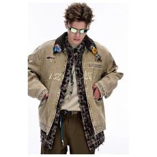 批发复古短款垫肩工装外套男款痞帅高级感ing拉链<b class='q'>夹克</b>牛仔翻领潮