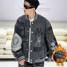 美式复古字母刺绣拼接棒球服夹克男女宽松潮牌夹棉情侣高街外套潮