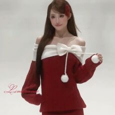 批发圣诞穿搭蝴蝶结毛球一字肩毛衣连衣裙女冬季氛围感针织衫红色上衣