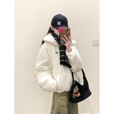 批发韩版甜酷时尚连帽毛毛拼接棉服外套女冬季防寒百搭宽松棉衣面包服