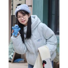 批发韩版学院风复古刺绣蓝色连帽棉服女学生冬季新款百搭防寒棉衣外套