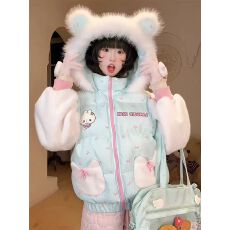 批发蓝鬼公园Languid Park 毛绒绒保暖刺绣棉<b class='q'>服</b>女冬季蝴蝶结棉袄外套