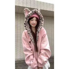 批发【全清】<b class='q'>可爱</b>兔耳保暖棉服男女豹纹内里拉链连帽加绒外套棉衣