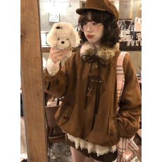 批发“日杂感叠穿”毛毛领vintage感花夹棉苞外套复古少女感保暖夹克