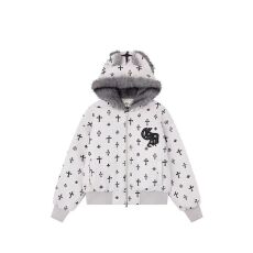 批发美式复古满印毛绒连帽棉服女生冬季新款修身甜酷短款加厚保暖外套