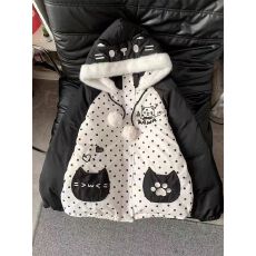 批发满印波点猫咪刺绣毛领连帽棉服外套女2025冬季新款学生情侣面包服