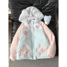 批发贴布星星小老鼠毛茸茸羽绒连帽棉服女冬宽松软萌妹插肩袖保暖外套