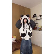 批发可爱大耳朵老鼠毛茸茸连帽棉服女宽松萌妹冬季插肩袖加厚保暖外套