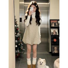 批发甜美约会U领<b class='q'>无袖</b>碎花花苞背心<b class='q'>连衣裙</b>少女感叠穿长袖针织衫两件套