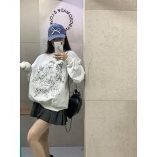 批发纯棉华棉复合薄款320克/加绒420克布面+手感印花宽松圆领<b class='q'>卫衣</b>女