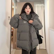 批发韩系慵懒学院风灰色蓬松保暖连帽棉服女冬季新款宽松防寒面包服潮