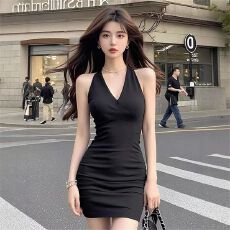 批发罗纹 挂脖V领褶皱连衣裙女辣妹收腰修身短裙