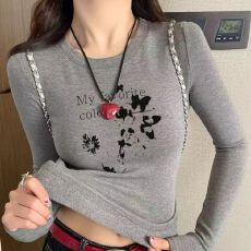 批发灰色正肩<b class='q'>圆领</b>长袖<b class='q'>T</b><b class='q'>恤</b>女春秋季小众内搭高级感修身显瘦打底衫上衣