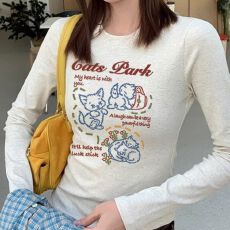 批发圆领正肩长袖<b class='q'>T</b><b class='q'>恤</b>女春秋新款美式<b class='q'>卡通</b>猫咪印花修身显瘦上衣打底衫