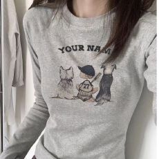 批发白色正肩圆领纯棉长袖上衣女2026新款<b class='q'>卡通</b>印花修身显瘦辣妹打底衫