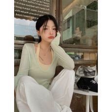 批发两件套  竹节罗纹 V领防晒<b class='q'>长袖</b><b class='q'>T</b><b class='q'>恤</b>修身显瘦挂脖吊带背心女