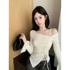 批发罗纹 露肩抽绳<b class='q'>长袖</b><b class='q'>T</b><b class='q'>恤</b>不规则修身显瘦上衣