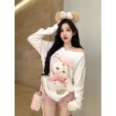 批发罗纹 美式斜肩<b class='q'>长袖</b>慵懒风宽松露肩上衣