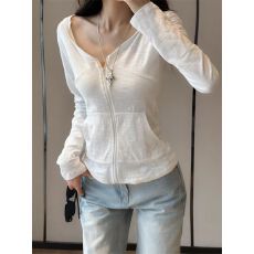 批发雪花棉 连帽拉链款白色防晒<b class='q'>长袖</b>百搭上衣