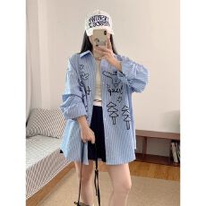 批发【原版做法涂鸦条纹港风新款宽松长袖衬衫女<b class='q'>男</b>春季学院风衬衣外套