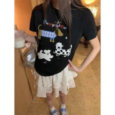 批发纯棉 毛巾绣  可爱小狗毛巾绣短袖减龄<b class='q'>T</b><b class='q'>恤</b>女