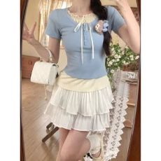 批发冰丝罗纹 设计感撞色假两件短袖<b class='q'>T</b><b class='q'>恤</b>女上衣