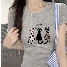 批发夏季圆领正肩短袖<b class='q'>t</b><b class='q'>恤</b>女美式复古卡通猫咪印花休闲百搭纯棉上衣女