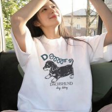 批发白色圆领纯棉短袖<b class='q'>T</b><b class='q'>恤</b>女夏季新款美式卡通小狗印花休闲宽松上衣女