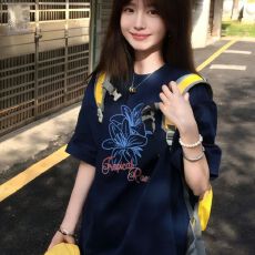 批发美式潮牌藏青色圆领纯棉短袖<b class='q'>T</b><b class='q'>恤</b>女夏季新款小众设计感宽松上衣女