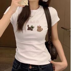 批发白色圆领正肩短袖T恤女夏季新款卡通小猫印花减龄休闲百搭上衣女