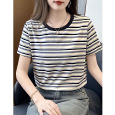 批发棉感条纹240克 2026夏季新款宽松条纹撞色圆领百搭短袖t恤女