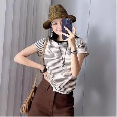 批发棉感条纹240克 正肩圆领短袖T恤女2026夏季新款条纹上衣女