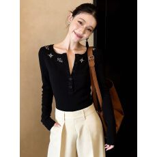 260克人棉莫代尔刺绣长袖亨利半开领长袖T恤女修身上衣