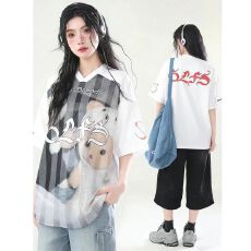 批发2026新款原版做工球衣面料美式玩偶V领印花短袖T恤上衣男女情侣夏