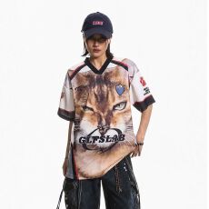 批发2026新款原版做工球衣面料美式V领猫猫印花短袖T恤上衣男女情侣夏