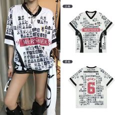 批发原版面料原版做工美式复古人像印花V领T恤宽松短袖球衣夏季男女