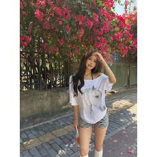 批发直播质量【40支奥代尔92%棉8%氨纶220克斜肩露肩t恤】马印花 <b class='q'>上衣</b>