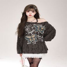 废土风破洞长袖罩衫女秋季2024新款蝴蝶美式慵懒y2k辣妹露肩上衣
