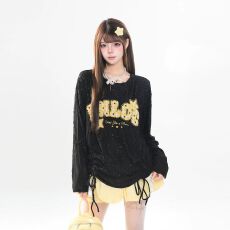 批发美式休闲风字母印绣亮片<b class='q'>长袖</b><b class='q'>T</b><b class='q'>恤</b>女装春季慵懒宽松设计感抽绳上衣