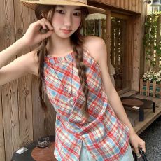 韩系撞色格纹挂脖吊带背心女夏季甜辣风修身绝美无袖小衫