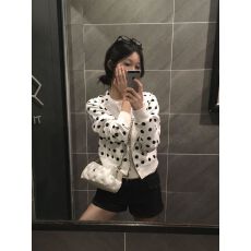 批发纯棉华棉复合牛奶丝330克】满印波点印花连帽<b class='q'>卫衣</b>女短款拉链外套