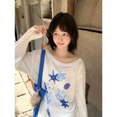 批发广州莱赛尔丝滑雪花棉】斜肩一字领+抽绳微透防晒罩衫女<b class='q'>长袖</b>宽松