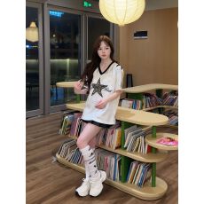 批发鸟眼布+弹力色丁）刺绣<b class='q'>T</b><b class='q'>恤</b>女豹纹网眼五角星透气速干<b class='q'>运动</b>上衣新款