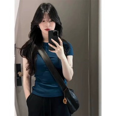 40支1*1纯棉纯色正肩修身t恤女夏季显瘦孔雀蓝打底衫上衣