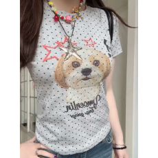 批发原版做法纯棉220克40支奥代尔食毛+手感修身收腰波点印花T恤女