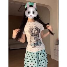 批发原版做法纯棉220克40支奥代尔食毛+手感修身收腰波点印花T恤女