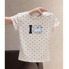 批发原版做法纯棉220克40支奥代尔食毛+手感修身收腰波点印花T恤女