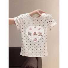 批发原版做法纯棉220克40支奥代尔食毛+手感修身收腰波点印花T恤女