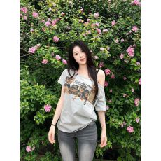 批发冰瓷棉32支原版纯棉拉架200克95棉5氨纶超爽滑斜露肩短袖T恤女